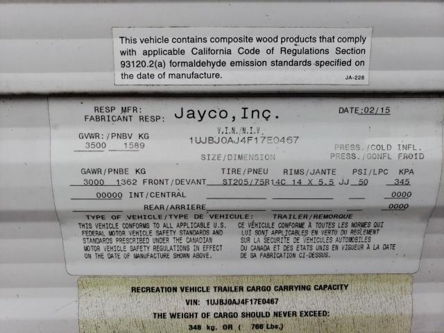 1UJBJ0AJ4F17E0467 - 2015 JAYCO JAY FLIGHT WHITE photo 10