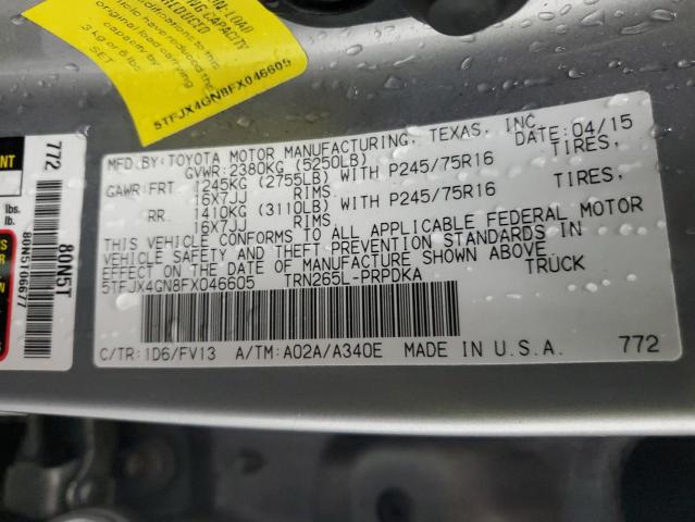 5TFJX4GN8FX046605 - 2015 TOYOTA TACOMA DOUBLE CAB PRERUNNER SILVER photo 12