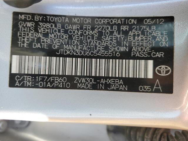 JTDKN3DU6C5455516 - 2012 TOYOTA PRIUS SILVER photo 12