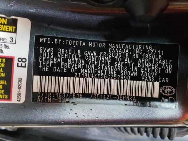 2T1BU4EE5BC752990 - 2011 TOYOTA COROLLA LE BASE GRAY photo 13