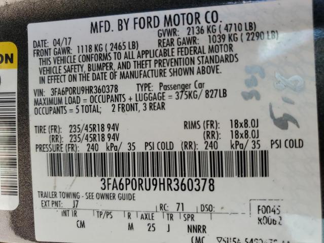 3FA6P0RU9HR360378 - 2017 FORD FUSION TITANIUM HEV GRAY photo 13