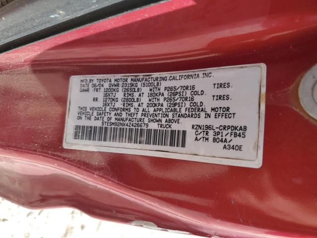 5TESM92NX4Z426679 - 2004 TOYOTA TACOMA XTRACAB PRERUNNER RED photo 12