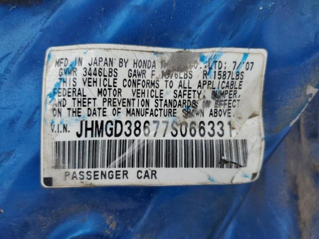 JHMGD38677S066331 - 2007 HONDA FIT S 蓝色 照片 12