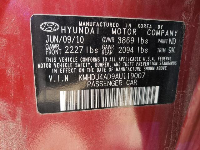 KMHDU4AD9AU119007 - 2010 HYUNDAI ELANTRA BLUE RED photo 12