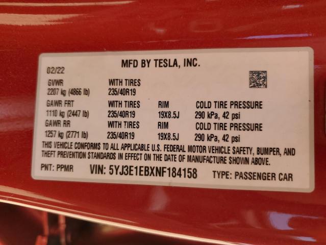 5YJ3E1EBXNF184158 - 2022 TESLA MODEL 3 RED photo 13