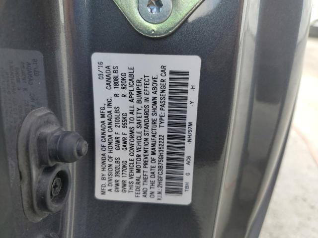 2HGFC3B75GH352222 - 2016 HONDA CIVIC EXL ნაცრისფერი ფოტო 12