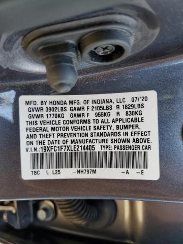 19XFC1F7XLE214405 - 2020 HONDA CIVIC EXL Boz foto 12