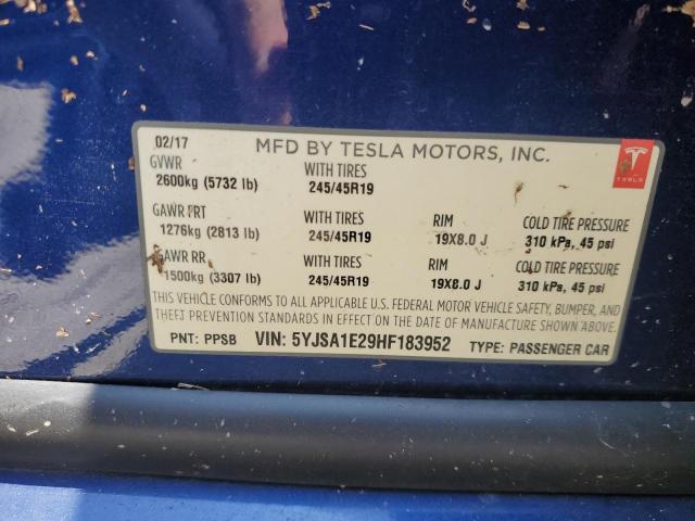 5YJSA1E29HF183952 - 2017 TESLA MODEL S BLUE photo 12