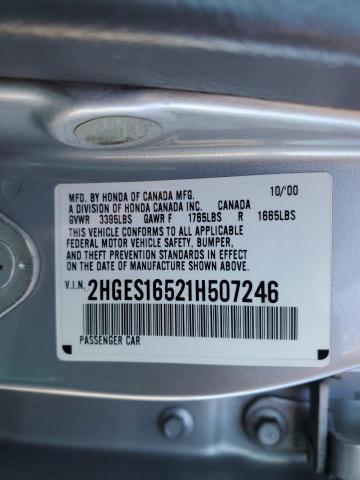 2HGES16521H507246 - 2001 HONDA CIVIC LX SILVER photo 12