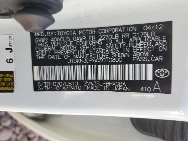 JTDKN3DP6C3010800 - 2012 TOYOTA PRIUS PLUG WHITE photo 12