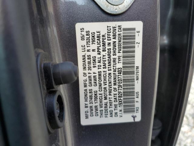 19XFB2F73FE077403 - 2015 HONDA CIVIC SE GRAY photo 13