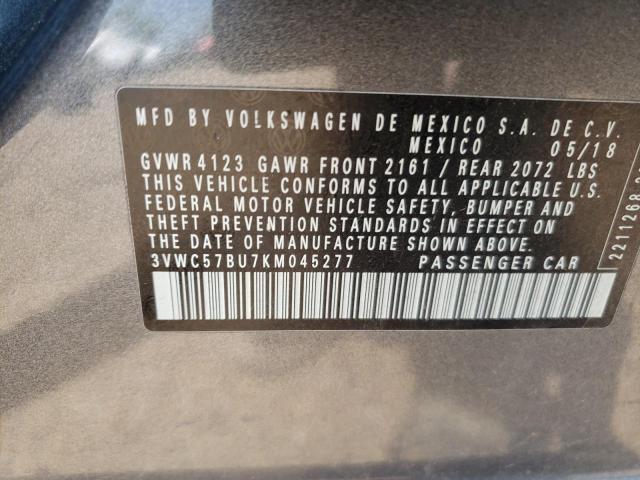 3VWC57BU7KM045277 - 2019 VOLKSWAGEN JETTA S GRAY photo 12