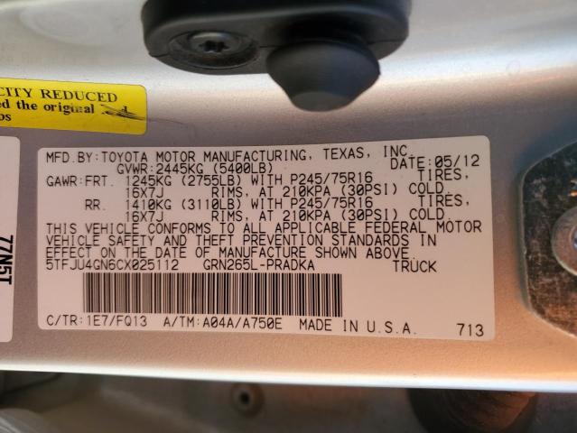 5TFJU4GN6CX025112 - 2012 TOYOTA TACOMA DOUBLE CAB PRERUNNER SILVER photo 12