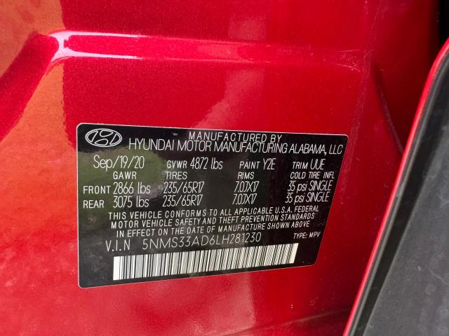 5NMS33AD6LH281230 - 2020 HYUNDAI SANTA FE SEL RED photo 10