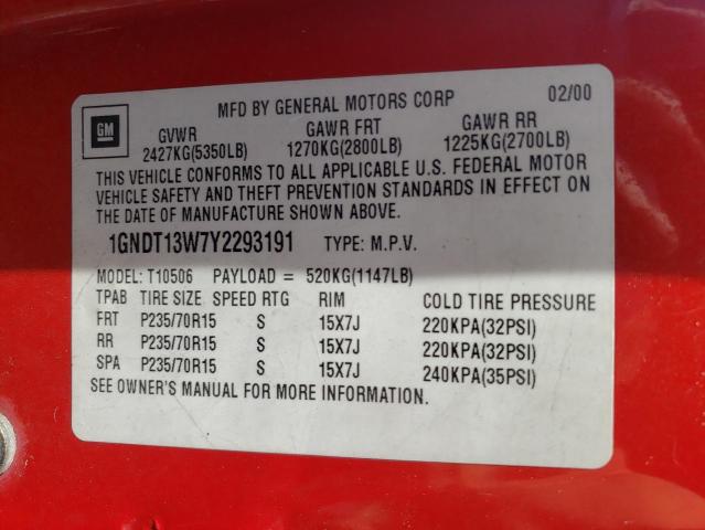 1GNDT13W7Y2293191 - 2000 CHEVROLET BLAZER RED photo 12