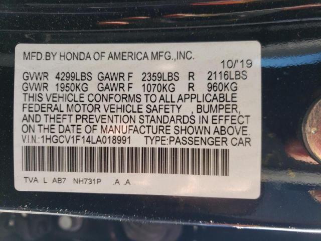 1HGCV1F14LA018991 - 2020 HONDA ACCORD LX BLACK photo 12