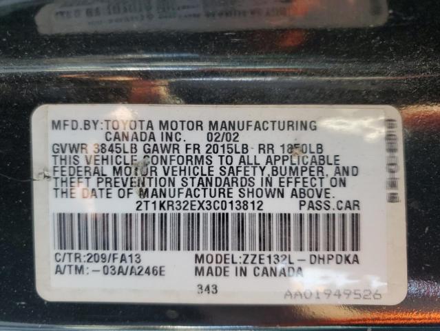 2T1KR32EX3C013812 - 2003 TOYOTA COROLLA MA XR BLACK photo 12