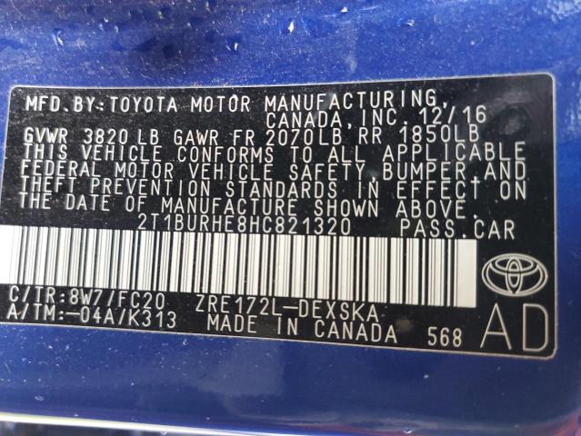 2T1BURHE8HC821320 - 2017 TOYOTA COROLLA L BLUE photo 13