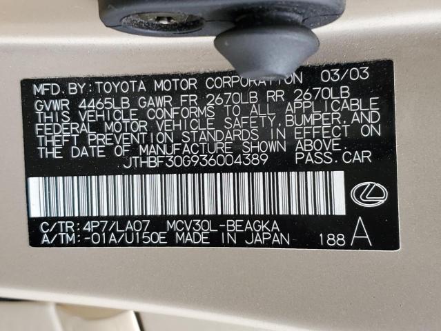 JTHBF30G936004389 - 2003 LEXUS ES 300 GOLD photo 12