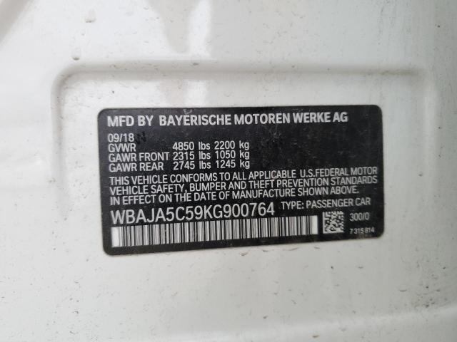 WBAJA5C59KG900764 - 2019 BMW 530 I WHITE photo 12