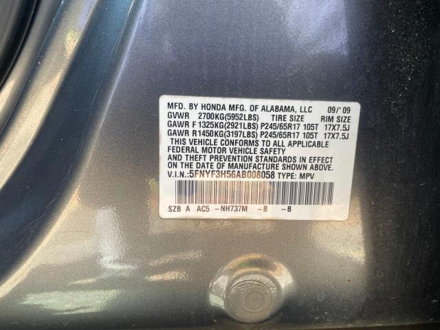 5FNYF3H56AB008058 - 2010 HONDA PILOT EXL GRAY photo 10