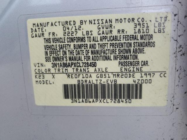 3N1AB6APXCL728450 - 2012 NISSAN SENTRA 2.0 SILVER photo 12