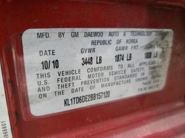 KL1TD6DE2BB157120 - 2011 CHEVROLET AVEO LS 红色 照片 10