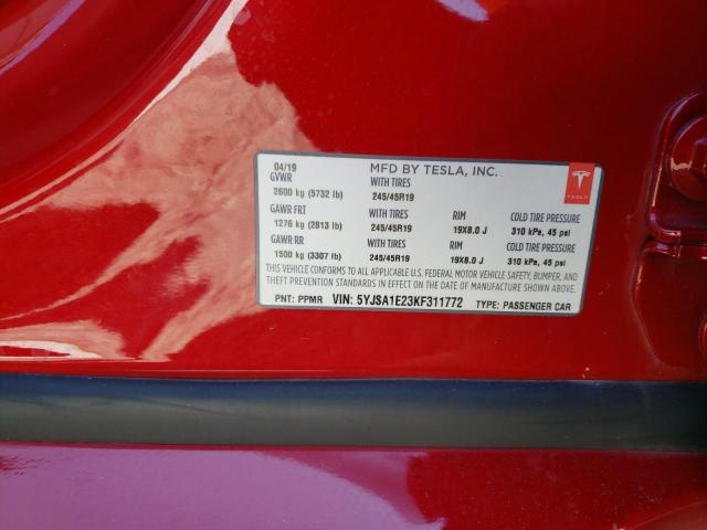 5YJSA1E23KF311772 - 2019 TESLA MODEL S Կարմիր լուսանկար 12