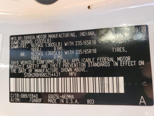 5TDHZRBH6NS254431 - 2022 TOYOTA HIGHLANDER XLE Blanco foto 13