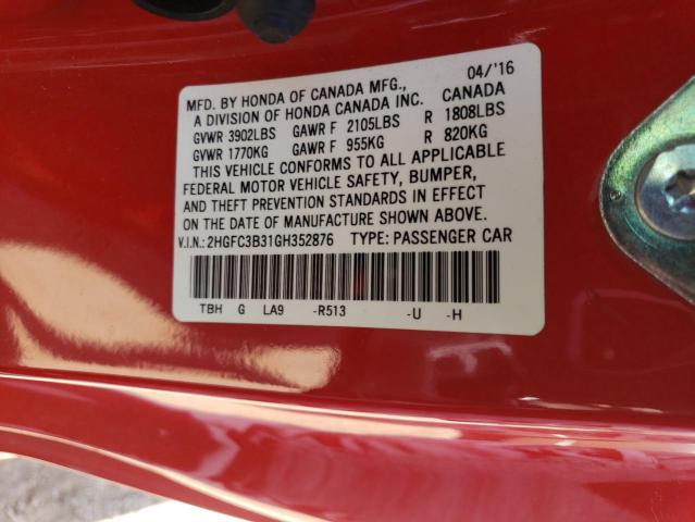 2HGFC3B31GH352876 - 2016 HONDA CIVIC EX წითელი ფოტო 12