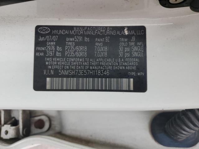 5NMSH73E57H118346 - 2007 HYUNDAI SANTA FE SE WHITE photo 13