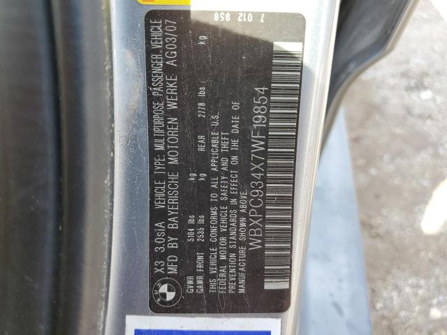 WBXPC934X7WF19854 - 2007 BMW X3 3.0SI GRAY photo 14