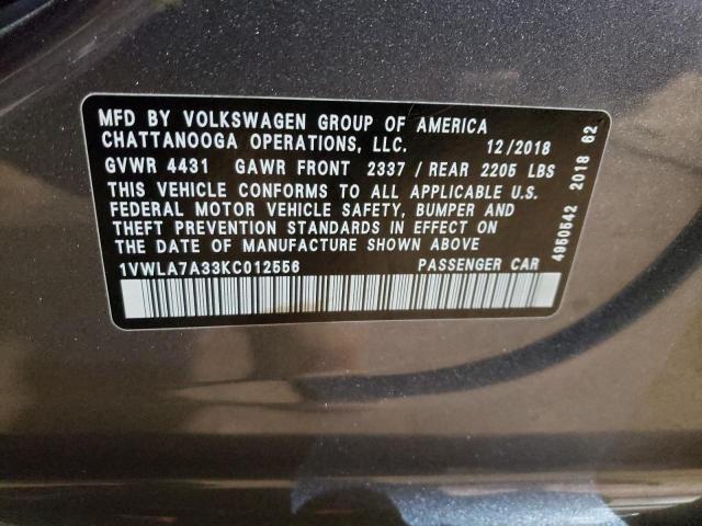 1VWLA7A33KC012556 - 2019 VOLKSWAGEN PASSAT WOLFSBURG GRAY photo 12