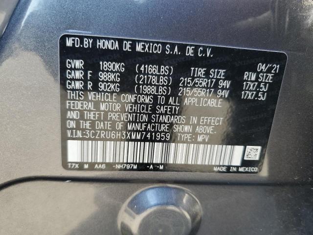 3CZRU6H3XMM741959 - 2021 HONDA HR-V LX GRAY photo 13