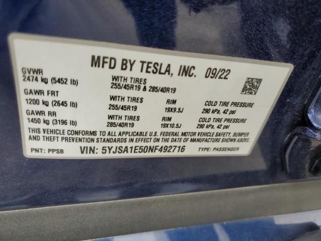 5YJSA1E50NF492716 - 2022 TESLA MODEL S Mavi foto 12