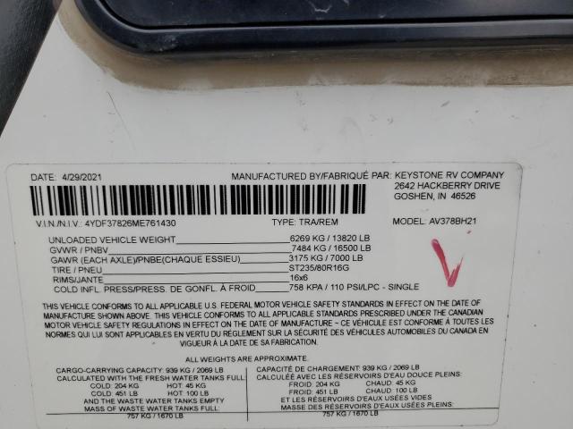 4YDF37826ME761430 - 2021 KEYSTONE AVALANCHE თეთრი ფოტო 10