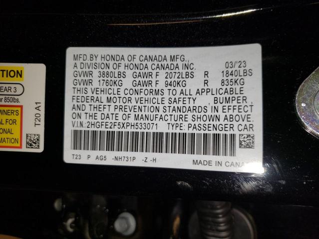 2HGFE2F5XPH533071 - 2023 HONDA CIVIC SPORT 黑色 照片 12
