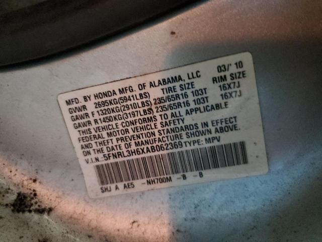 5FNRL3H6XAB062369 - 2010 HONDA ODYSSEY EXL SILVER photo 13