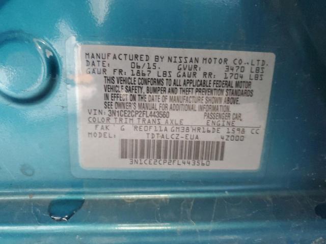3N1CE2CP2FL443560 - 2015 NISSAN VERSA NOTE S TURQUOISE photo 12