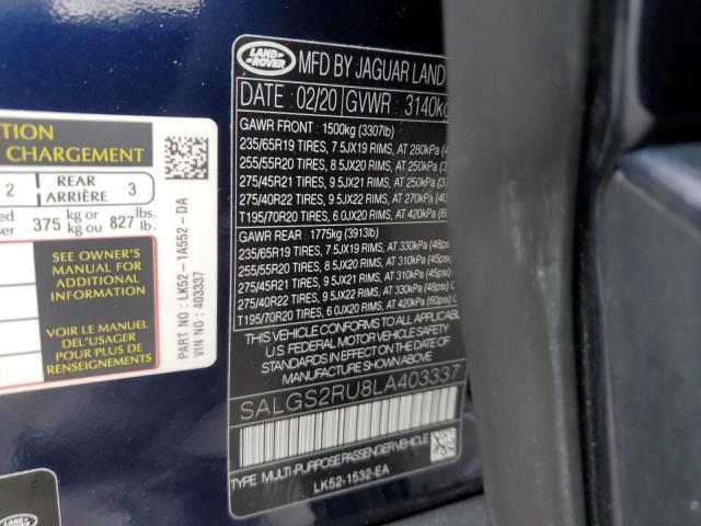 SALGS2RU8LA403337 - 2020 LAND ROVER RANGE ROVE HSE BLUE photo 13