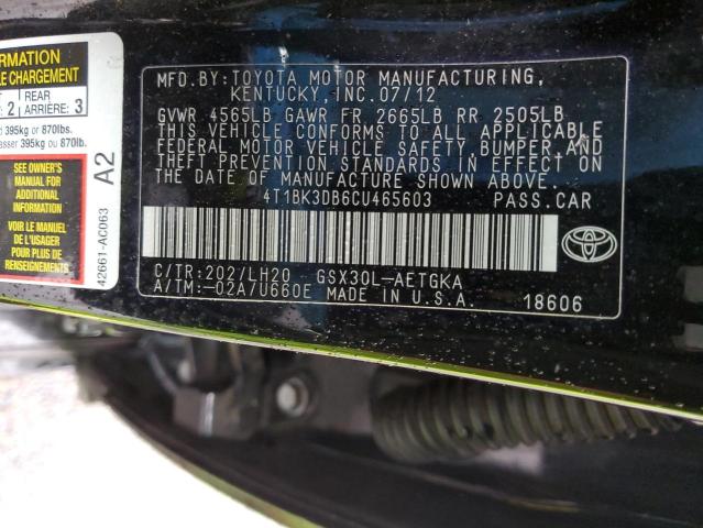 4T1BK3DB6CU465603 - 2012 TOYOTA AVALON BASE 黑色 照片 12