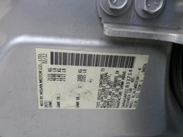 1N4AA5AP1CC833714 - 2012 NISSAN MAXIMA S SILVER photo 12