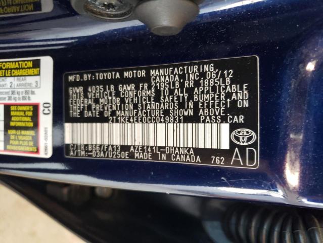 2T1KE4EE0CC049831 - 2012 TOYOTA COROLLA MA S BLUE photo 13