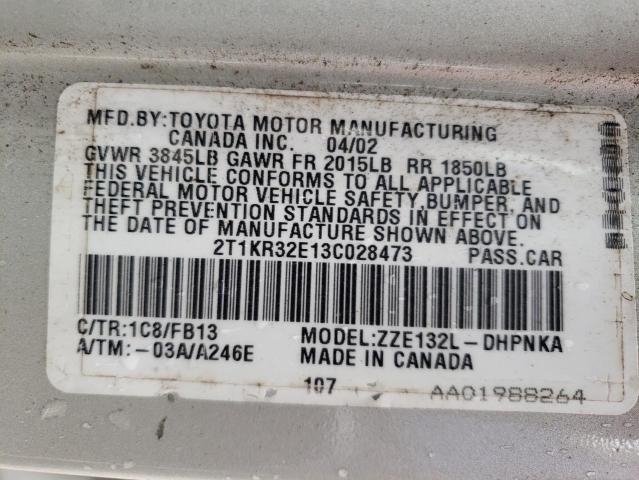 2T1KR32E13C028473 - 2003 TOYOTA COROLLA MA XR SILVER photo 12