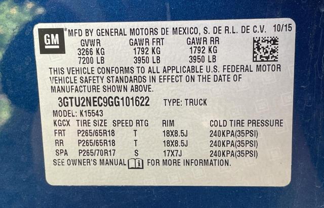 3GTU2NEC9GG101622 - 2016 GMC SIERRA K1500 SLT BLUE photo 10