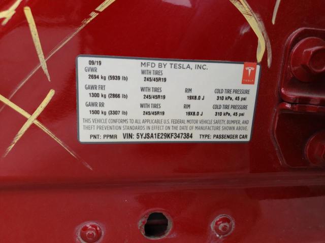5YJSA1E29KF347384 - 2019 TESLA MODEL S RED photo 12