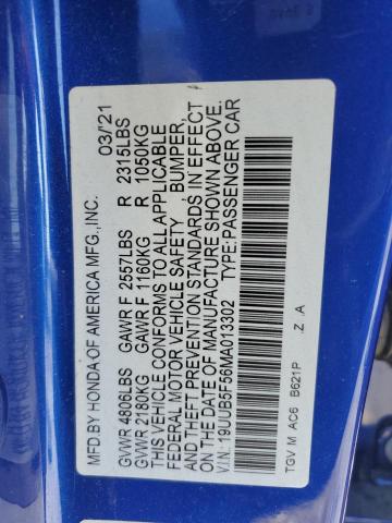 19UUB5F56MA013302 - 2021 ACURA TLX TECH A BLUE photo 12