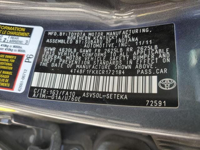 4T4BF1FKXCR172184 - 2012 TOYOTA CAMRY BASE GRAY photo 12