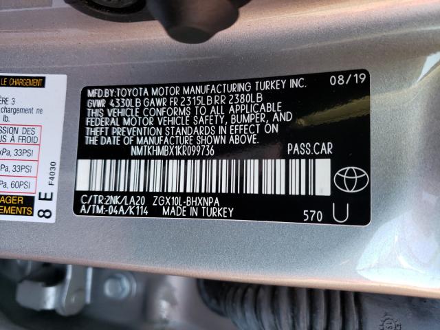 NMTKHMBX1KR099736 - 2019 TOYOTA C-HR XLE GRAY photo 10