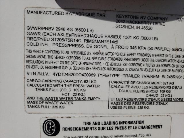 4YDT24820DD420969 - 2013 KEYSTONE TRAILER TWO TONE photo 9